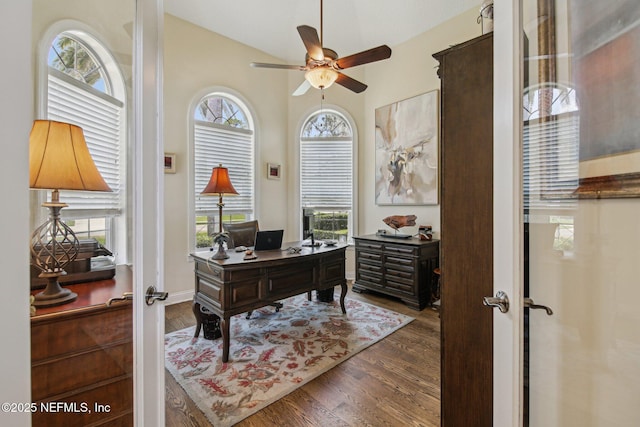 2579 Woodgrove Rd, Fleming Island, FL 32003 - office with ceiling fan, wood finished floors, french doors, and a high ceiling