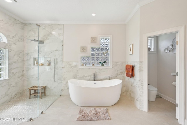 2579 Woodgrove Rd, Fleming Island, FL 32003 - full bath with plenty of natural light, a marble finish shower, a soaking tub, crown molding, and toilet