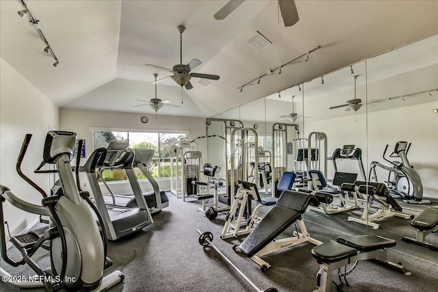 1800 The Greens Way Unit 406, Jacksonville Beach, FL 32250 - exercise room featuring ceiling fan, lofted ceiling, and track lighting