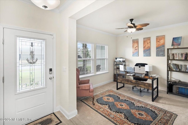 2629 Cold Stream Ln, Green Cove Springs, FL 32043 - foyer entrance with light carpet, ornamental molding, and ceiling fan