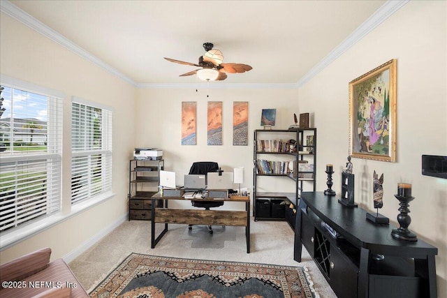2629 Cold Stream Ln, Green Cove Springs, FL 32043 - office with ceiling fan, light colored carpet, and ornamental molding