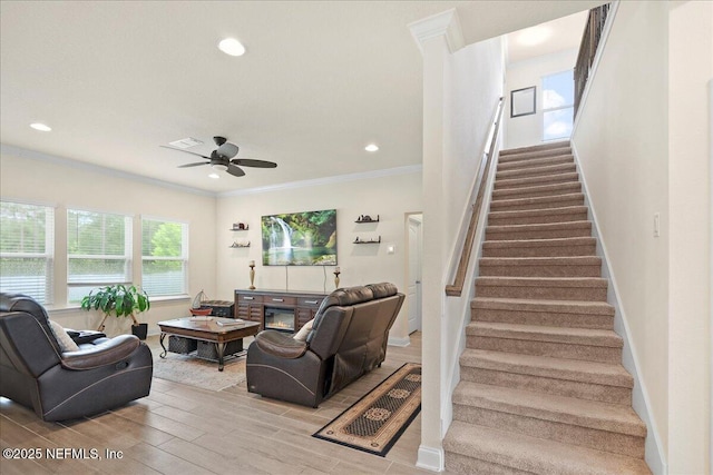 2629 Cold Stream Ln, Green Cove Springs, FL 32043 - living room with a ceiling fan, stairway, recessed lighting, crown molding, and wood finished floors