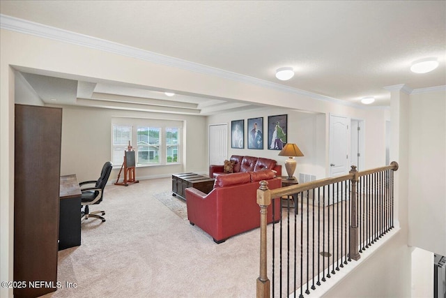 2629 Cold Stream Ln, Green Cove Springs, FL 32043 - living room featuring light carpet, crown molding, and an office area
