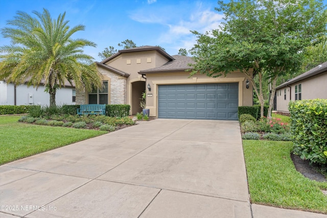 109 Sweet Pine Trl, Ponte Vedra, FL 32081 - view of front of house with stucco siding, a garage, concrete driveway, a front yard, and stone siding