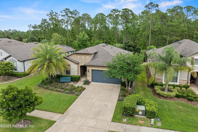 109 Sweet Pine Trl, Ponte Vedra, FL 32081 - view of front facade with stucco siding, an attached garage, stone siding, concrete driveway, and a front lawn