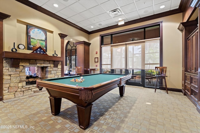 109 Sweet Pine Trl, Ponte Vedra, FL 32081 - playroom featuring crown molding, pool table, light colored carpet, baseboards, and recessed lighting
