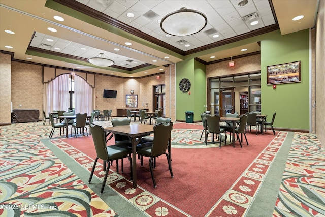 109 Sweet Pine Trl, Ponte Vedra, FL 32081 - carpeted dining area featuring ornamental molding, a raised ceiling, baseboards, recessed lighting, and wallpapered walls
