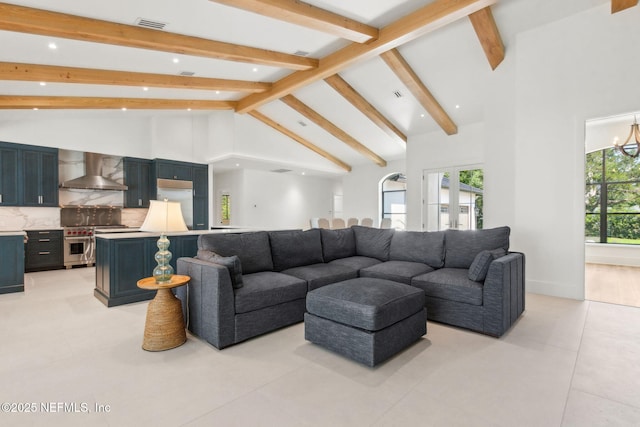 95544 Wilder Blvd, Fernandina Beach, FL 32034 - living room with high vaulted ceiling, recessed lighting, beam ceiling, and light tile patterned floors