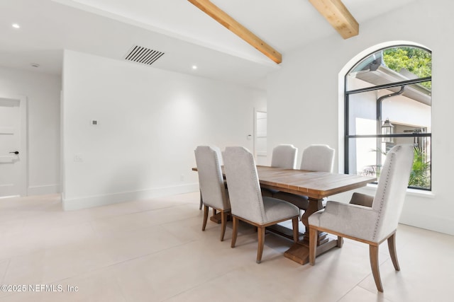 95544 Wilder Blvd, Fernandina Beach, FL 32034 - dining room featuring beamed ceiling, recessed lighting, and baseboards