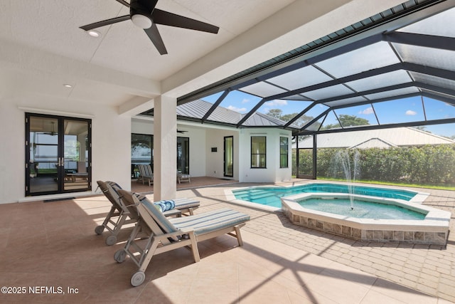 95544 Wilder Blvd, Fernandina Beach, FL 32034 - view of pool with ceiling fan, a patio, a lanai, and a pool with connected hot tub