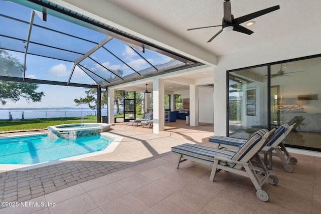 95544 Wilder Blvd, Fernandina Beach, FL 32034 - view of pool with a ceiling fan, a patio, a pool with connected hot tub, and glass enclosure