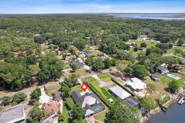 95544 Wilder Blvd, Fernandina Beach, FL 32034 - aerial view of property and surrounding area with a heavily wooded area, a large body of water, and nearby suburban area