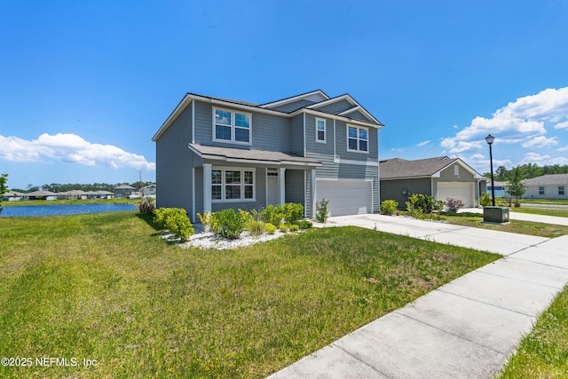 3238 Little Fawn Ln, Green Cove Springs, FL 32137 - traditional home featuring a front lawn, a water view, driveway, and an attached garage