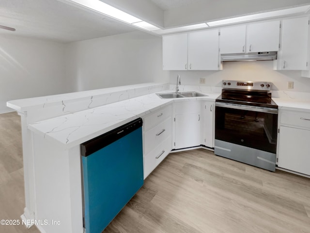 1127 Romaine Cir W, Jacksonville, FL 32225 - kitchen with stainless steel electric range oven, under cabinet range hood, a sink, dishwashing machine, and a peninsula