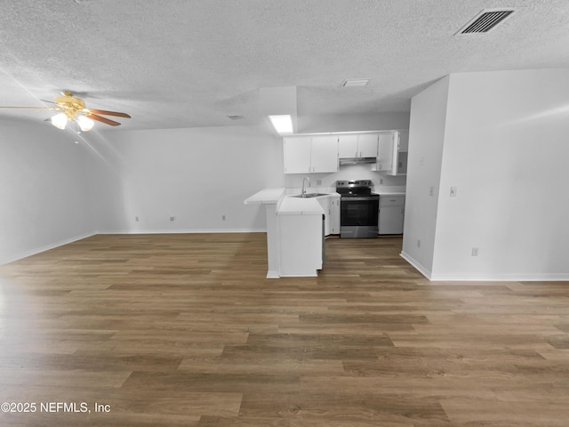 1127 Romaine Cir W, Jacksonville, FL 32225 - kitchen with electric range, a sink, open floor plan, a ceiling fan, and a textured ceiling