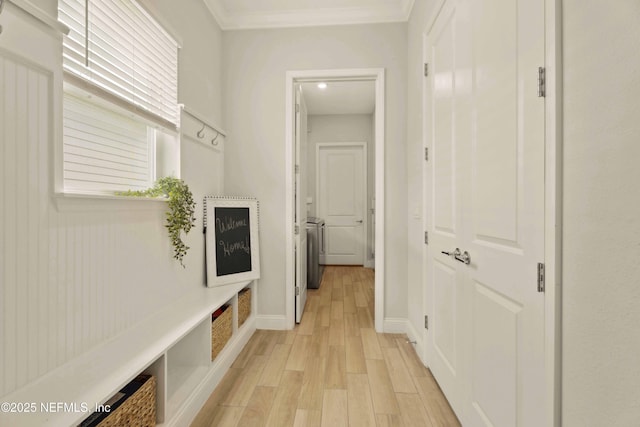 228 Waterline Dr, Saint Johns, FL 32259 - mudroom with light wood-type flooring, baseboards, and ornamental molding