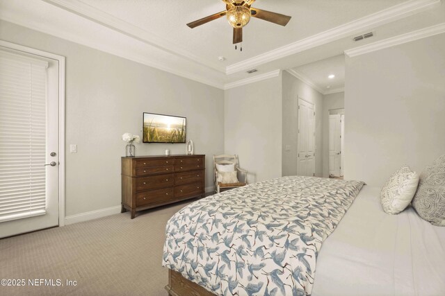 228 Waterline Dr, Saint Johns, FL 32259 - bedroom featuring light colored carpet, crown molding, baseboards, recessed lighting, and a ceiling fan