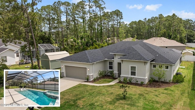 90 Lancelot Dr, Palm Coast, FL 32137 - view of front of property with stone siding, a garage, stucco siding, a shingled roof, and a pool with connected hot tub