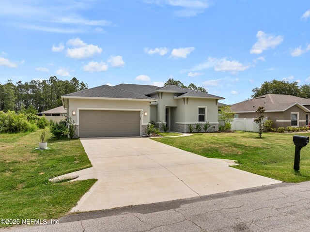 90 Lancelot Dr, Palm Coast, FL 32137 - prairie-style house featuring stucco siding, stone siding, an attached garage, and concrete driveway