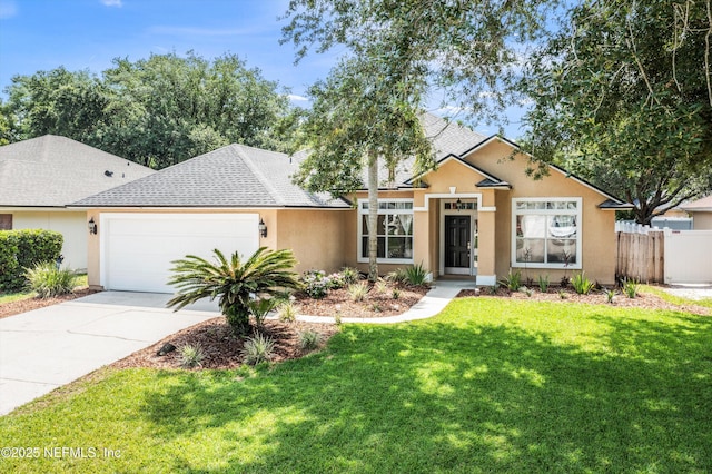 528 Sparrow Branch Cir, Saint Johns, FL 32259 - ranch-style house featuring a garage, concrete driveway, stucco siding, and a shingled roof