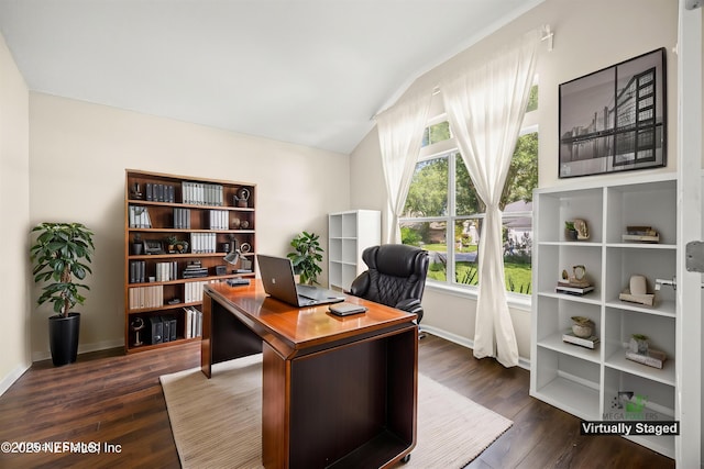 528 Sparrow Branch Cir, Saint Johns, FL 32259 - home office featuring vaulted ceiling, healthy amount of natural light, dark wood-type flooring, and baseboards