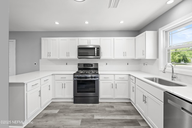 2155 Diana Dr, Palatka, FL 32177 - kitchen featuring stainless steel appliances, a sink, a peninsula, white cabinetry, and recessed lighting