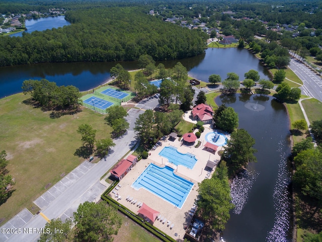 8609 Victoria Falls Dr, Jacksonville, FL 32244 - drone / aerial view of a pool area, a large body of water, and a heavily wooded area