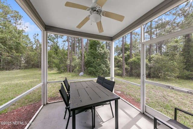 8609 Victoria Falls Dr, Jacksonville, FL 32244 - unfurnished sunroom with ceiling fan, outdoor dining space, and view of wooded area
