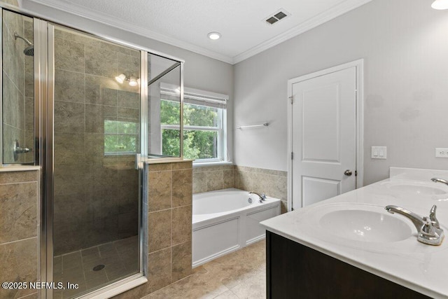 356 Heron Landing Rd, Saint Johns, FL 32259 - full bath with a bath, a stall shower, crown molding, double vanity, and tile patterned flooring