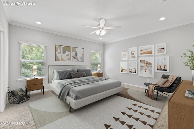 356 Heron Landing Rd, Saint Johns, FL 32259 - carpeted bedroom with crown molding, recessed lighting, baseboards, and a ceiling fan