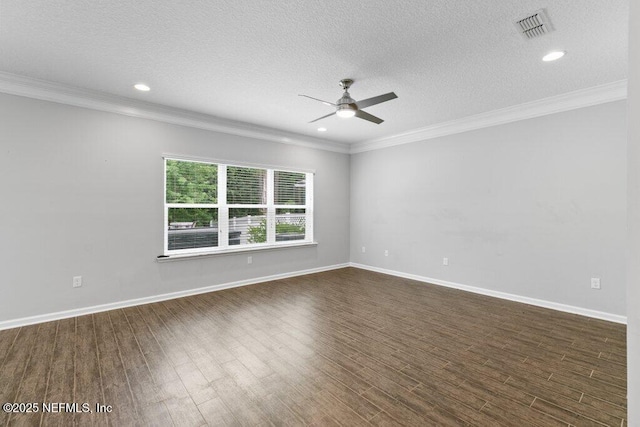 356 Heron Landing Rd, Saint Johns, FL 32259 - spare room featuring a ceiling fan, dark wood finished floors, crown molding, a textured ceiling, and baseboards