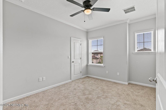 356 Heron Landing Rd, Saint Johns, FL 32259 - carpeted empty room with crown molding, a textured ceiling, baseboards, and a ceiling fan