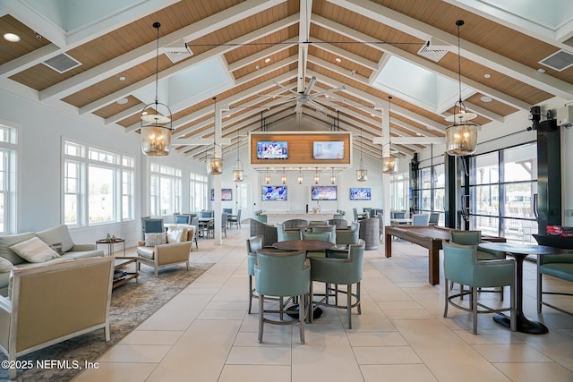 109 Fly Line Dr, Saint Johns, FL 32259 - dining area with wood ceiling with exposed beams, high vaulted ceiling, and a chandelier