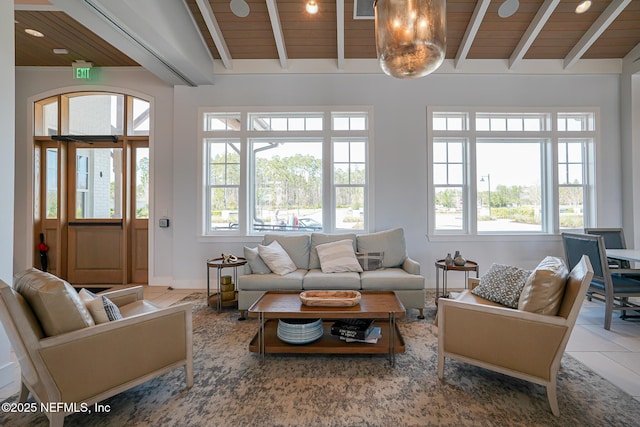 109 Fly Line Dr, Saint Johns, FL 32259 - living area featuring wood ceiling with exposed beams, plenty of natural light, tile patterned floors, and baseboards