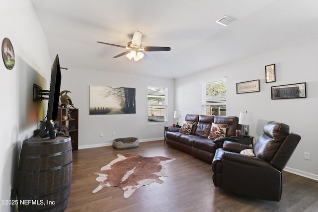 836 Cove St, Green Cove Springs, FL 32043 - living room featuring ceiling fan, wood finished floors, and baseboards
