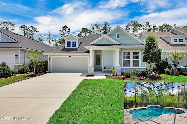 91 Rockhurst Trl, Jacksonville, FL 32081 - craftsman-style house with a front lawn, an attached garage, driveway, stone siding, and covered porch