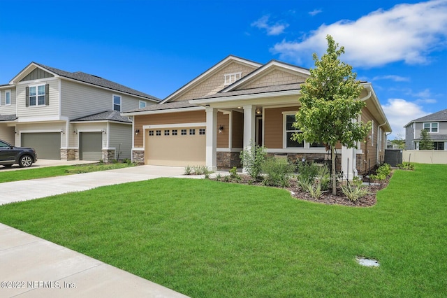 54 Pepperpike Way, Saint Augustine, FL 32092 - craftsman house with stone siding, driveway, central air condition unit, an attached garage, and a porch