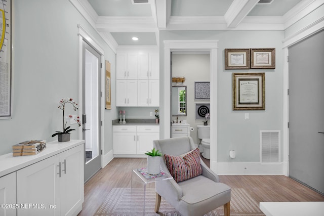 2790 Joe Ashton Rd, Saint Augustine, FL 32092 - living area with light wood-type flooring, ornamental molding, beamed ceiling, recessed lighting, and coffered ceiling