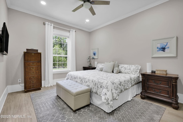 2790 Joe Ashton Rd, Saint Augustine, FL 32092 - bedroom with wood finished floors, baseboards, crown molding, recessed lighting, and ceiling fan