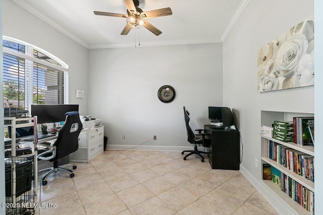 2918 Grande Oaks Way, Fleming Island, FL 32003 - office featuring crown molding, ceiling fan, baseboards, a textured ceiling, and light tile patterned floors