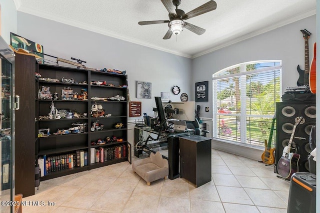 2918 Grande Oaks Way, Fleming Island, FL 32003 - tiled office space with a ceiling fan, ornamental molding, and a textured ceiling