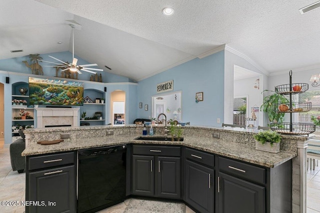 2918 Grande Oaks Way, Fleming Island, FL 32003 - kitchen with black dishwasher, a sink, vaulted ceiling, a ceiling fan, and open floor plan