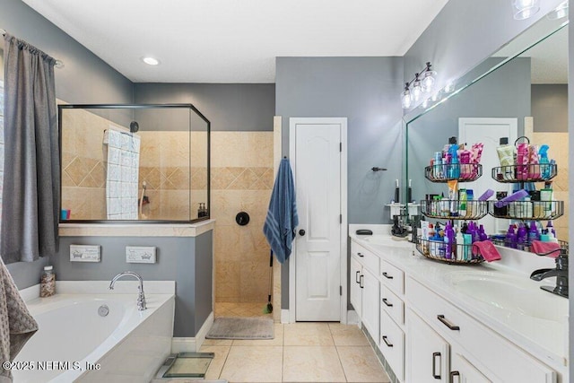 2918 Grande Oaks Way, Fleming Island, FL 32003 - bathroom featuring a bath, double vanity, walk in shower, and tile patterned floors