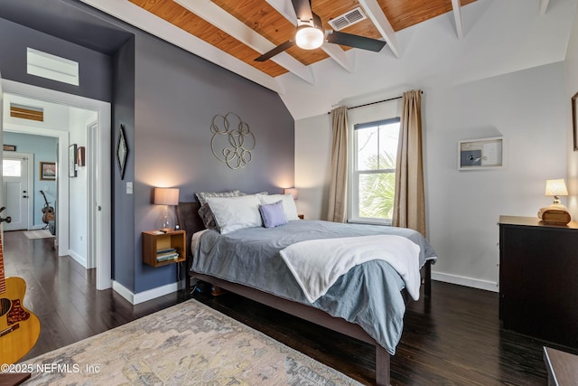 171 Twine St, Saint Augustine, FL 32084 - bedroom with baseboards, wood ceiling, multiple windows, dark wood-style floors, and a ceiling fan
