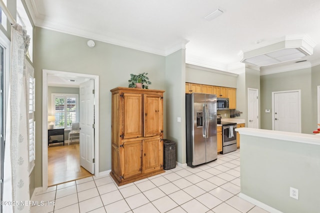 232 Shell Bluff Ct, Ponte Vedra Beach, FL 32082 - kitchen with stainless steel appliances, ornamental molding, light tile patterned flooring, light countertops, and baseboards