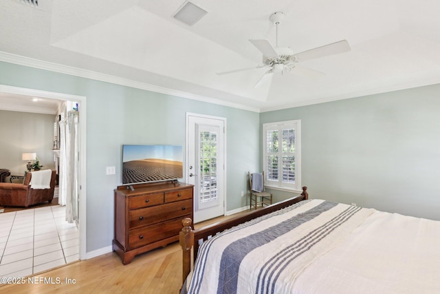 232 Shell Bluff Ct, Ponte Vedra Beach, FL 32082 - bedroom with crown molding, wood finished floors, baseboards, access to outside, and a ceiling fan