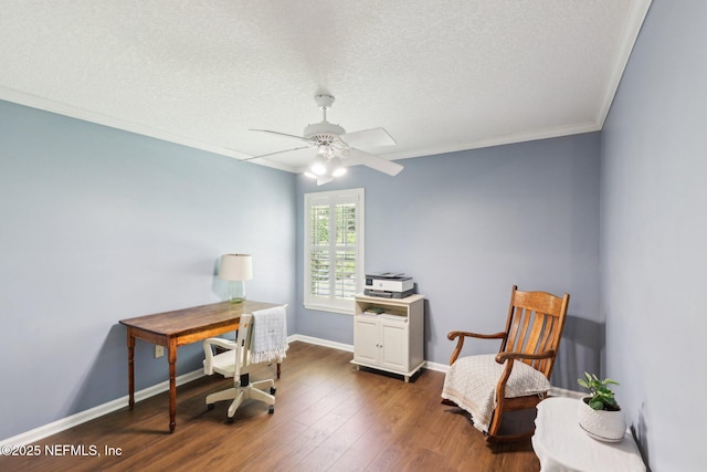 232 Shell Bluff Ct, Ponte Vedra Beach, FL 32082 - home office featuring crown molding, a ceiling fan, a textured ceiling, wood finished floors, and baseboards