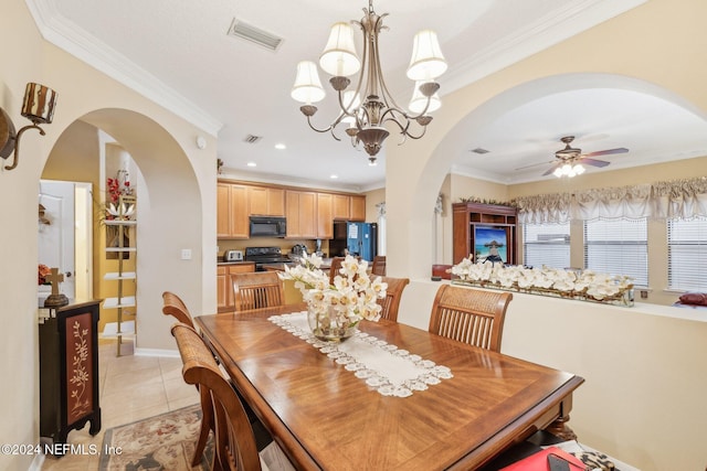 5346 Brighton Park Ln, Jacksonville, FL 32210 - dining area with arched walkways, ceiling fan, ornamental molding, light tile patterned floors, and a chandelier