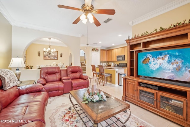 5346 Brighton Park Ln, Jacksonville, FL 32210 - living area featuring arched walkways, light tile patterned floors, ornamental molding, a chandelier, and a ceiling fan