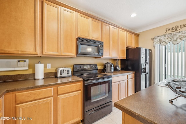 5346 Brighton Park Ln, Jacksonville, FL 32210 - kitchen featuring black appliances, dark countertops, recessed lighting, crown molding, and light tile patterned flooring
